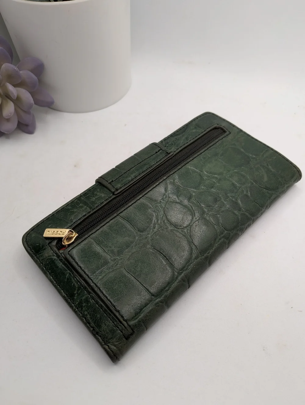 Fossil Green Croc Embossed Leather Slim Tab Wallet - Coral/ Orange Interior - Picture 5 of 7
